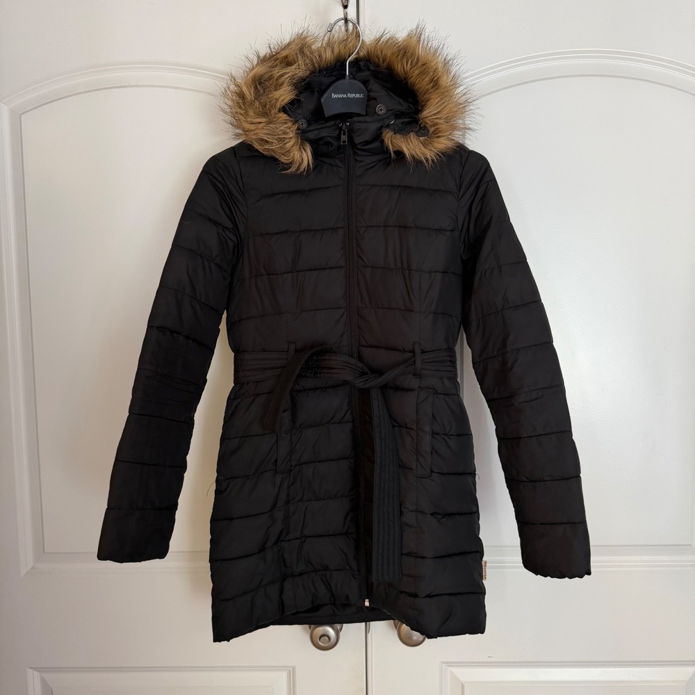 Hollister Womens Black Puffer Jacket Faux Fur Hood Belted Quilted Parka Size S